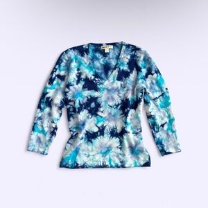 Vintage 90s Blue Tie Dye Sweater Lightweight V Neck Cotton Blend M